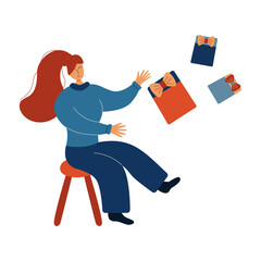 Happy Girl with boxes of gifts sitting on a stool. Vector colorful flat isolated illustration. Black Friday, season of discounts, buying gifts for the holidays