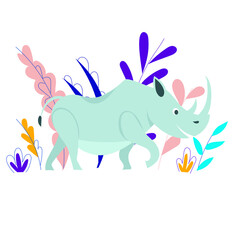 cartoon rhino. Background from flowers. Vector illustration