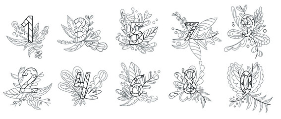 Numbers from 0 to 9. Cartoon flowers and floral print. Colorful vector illustration