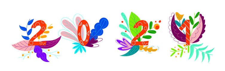2021 and floral print. Colorful vector illustration