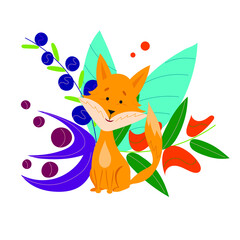 Cartoon fox in a floral background. Vector illustration.