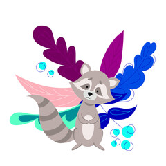 Cartoon raccoon in floral background. Vector illustration.