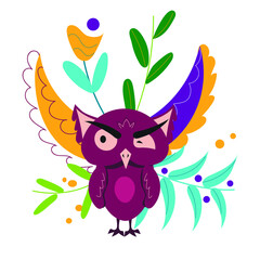 Cartoon owl in a floral background. Vector illustration