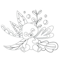 Cartoon panda in a floral background. Vector illustration. Black and white illustration