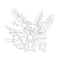 Cartoon raccoon in floral background. Vector illustration. Black and white illustration