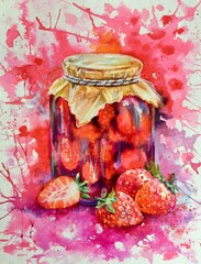 Watercolor  fresh berries and strawberry jam. Red , pink, summer background. Design element. 