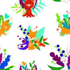 Pattern of cartoon animals with a floral print. Bear, fox, hare