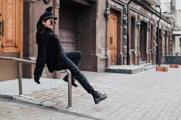 Close up portrait of pretty  woman wearing trendy casual outfit