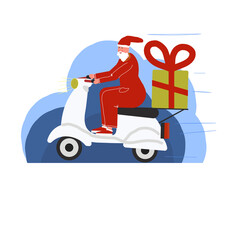 Happy New Year 2021 Merry Christmas vector illustration. Santa Claus on motorbike carries gifts, Christmas tree. Delivery, shipping. Winter holiday Festive background. Design for greeting card, print.