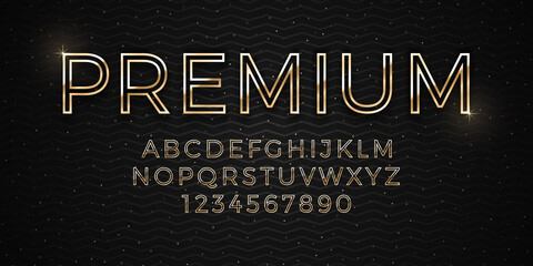 Fototapeta na wymiar 3D Vector Elegant Premium Golden Font Isolated On Abstract Background. Royal Vip Gold Alphabet Design Elements. Expensive Golden Metalic Typescript On Dark Luxury Backdrop