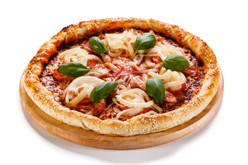 Pizza with ham, mozzarella, champignon, tomatoes and onion on white background
