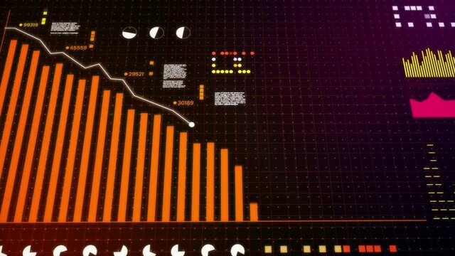 Bar chart decreasing / plummeting / fall / dropping over time with high tech hud elements red and yellow. Business loss falling down. Hi-tech style detailed animation. 4K resolution with camera animat
