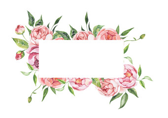 Fototapeta premium Watercolor floral illustration - leaves and branches frame with flowers and leaves for wedding stationary, greetings, wallpapers, background. Roses, green leaves. High quality illustration