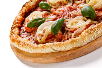 Pizza with ham, mozzarella, champignon, tomatoes and onion on white background
