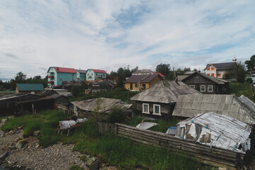 Fototapeta na wymiar Aerial Townscape of Suburb of the Town Kandalaksha located in Northwestern Russia