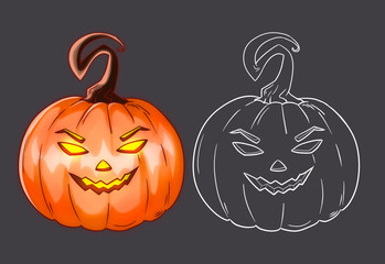 Angry cartoon pumpkin with a tail black