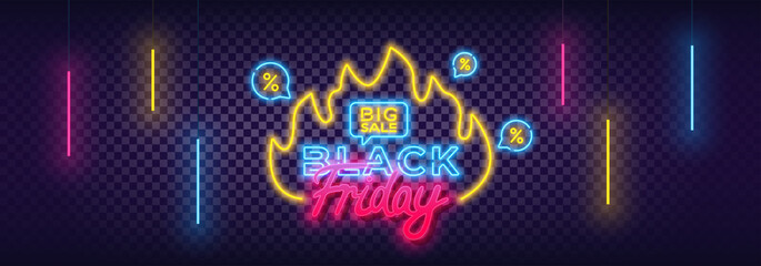 Black Friday Sale Neon Colorful Banner. Modern Calligraphic Text Neon Signs. Trendy Design Discount Sale Concept Template. Elements for Night Bright Advertising. Vector Illustration. EPS 10