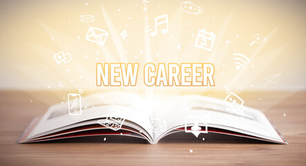 Opeen book with NEW CAREER inscription, business concept