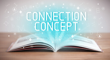 Open book with CONNECTION CONCEPT inscription, social media concept