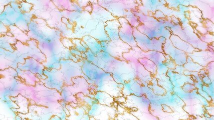 Naklejka na ściany i meble Luxury Marble texture with gold. Decorative marble background with gold streaks. Turquoise and purple abstract wallpaper. Artificial trendy stone. Marble surface.