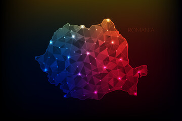 Romania map polygonal with glowing lights and line