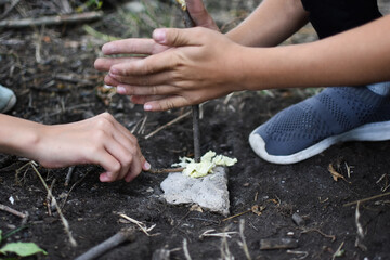 survival skills in the wild for kids. Lessons from tourism and survival in nature. - obrazy, fototapety, plakaty