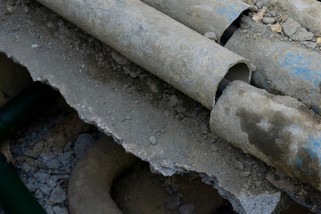 Pipes close up. Engineering works. Broken pipe.