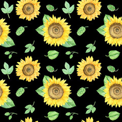 Watercolor sunflowers boho seamless pattern. Bright yellow flowers with hop on black background.