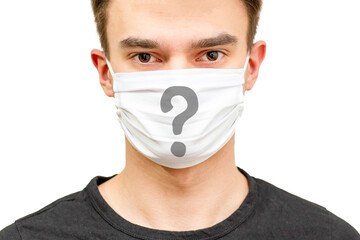 Man with mask and lots of questions. Covid-19 symbol and nescience information about it.