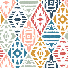 Ethnic Tribal Argyle Seamless Pattern. Traditional Boho Ikat Ornament of Doodle Rhombuses. Vector Abstract Mosaic Geometric Diamond Shapes Vector Colorful Background.