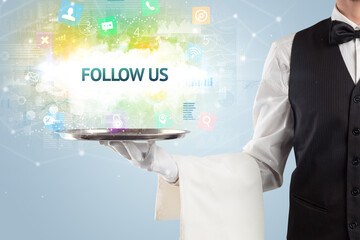 Waiter serving social networking concept with FOLLOW US inscription