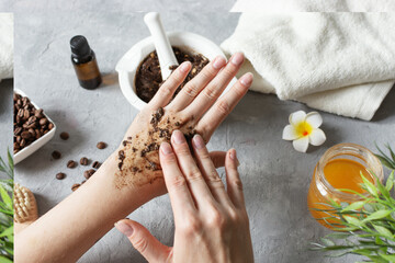 Woman hands making peeling with homemade body scrub made with ground coffee, honey and oatmeal over gray concrete table.