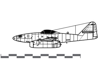 Messerschmitt Me 262A-1 Schwalbe. World War 2 jet fighter. Side view. Image for illustration and infographics.