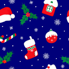  Christmas and New Year  seamless cartoon pattern. Colorful holly, socks, Santa hats, sugar canes, house on a blue background. Vector background with snowflakes and confetti.