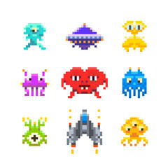 Space invaders, game enemies in pixel art style
