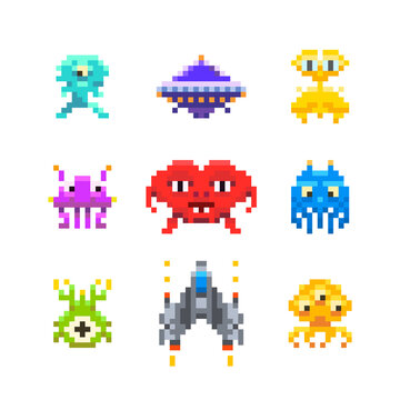 Space invaders, game enemies in pixel art style