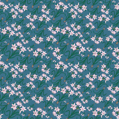 Seamless botanical blue pattern with white and pink flowers