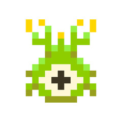 Cute green space invader monster, game enemy in pixel art style on white
