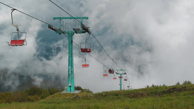 Chair lift in Pylypets village in Carpathian Mountains, Ukraine