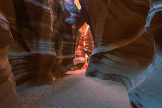 Antelope Canyon lights and rocks arizona usa. Colorful sandstone cave made by water.