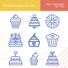 Simple set of birthday cake related lineal icons.