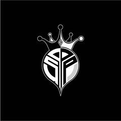 S P circle monogram logo emblem style with clown crown shape vector decoration