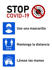 Stop Covid-19 Coronavirus Rules Set in Spanish including Use una mascarilla (Wear a Face Mask), Mantenga la distancia (Keep Your Distance) 1,5 m and Lavese las manos (Wash your hands). Vector Image.
