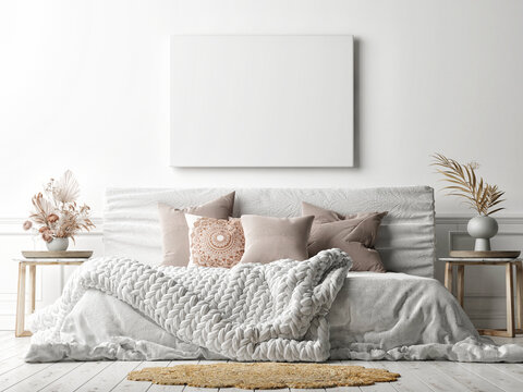 Mockup poster on white wall with a cozy bed, white background, 3d render, 3d illustration