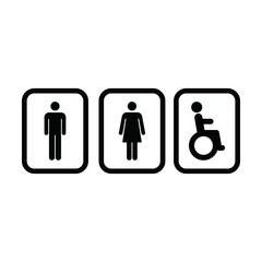 Restroom sign vector icon with man, woman and disabled person on wheelchair symbol in a glyph pictogram illustration