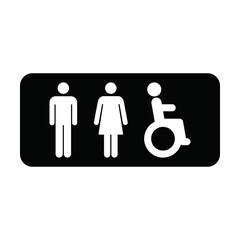 Bathroom symbol vector icon with man, woman and disabled person on wheelchair symbol in a glyph pictogram illustration