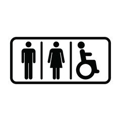 Washroom sign vector icon with man, woman and disabled person on wheelchair symbol in a glyph pictogram illustration