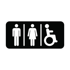 Restroom symbol vector icon with man, woman and disabled person on wheelchair symbol in a glyph pictogram illustration