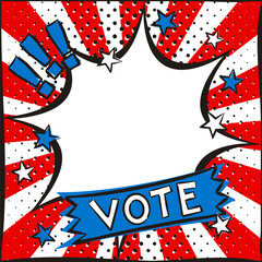 Obraz premium Bright pop art burst picture for USA Vote Day. Template in national colors of the United States of America. Square cartoon web banner for social media post template. Vector illustration