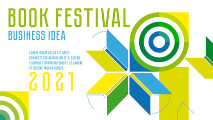 Book festival banner. Open books and target. Concept of the theme of successful business idea. Vector minimalist background. Design template for a library. Striving for success. Green, blue, yellow.